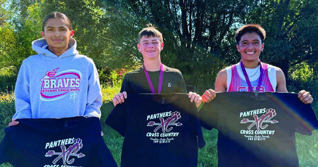 Top varsity boys finishers at the Timber Lake Cross Country Invitational last week were, l-r, Jackson Taken Alive, C-EB; Michah Reede, Lemmon; and Demetrius Sanchez-Gonzalez, C-EB. Photo by Mary Farlee