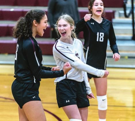 Panther junior varsity volleyballers (L-R) Jasmine Nash, Averie Marshall and Natalie Gross celebrate a point during their home match versus Bennett County. Photos by Robert Slocum