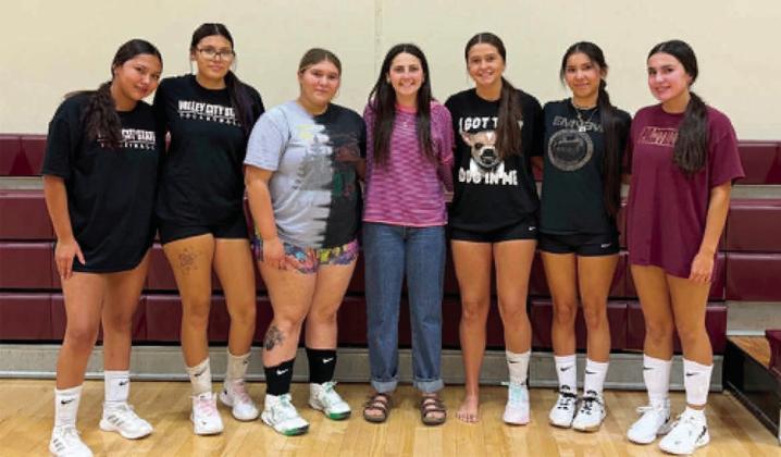 Seniors leading the Timber Lake volleyball team this season include Jaymee Archambault, Azlyn Swan, Lilly Veit, Ruby Maher, Jaylee Schoelerman, Amanda Red Bear, and Julianne Lemmon. Photo by Mary Farlee