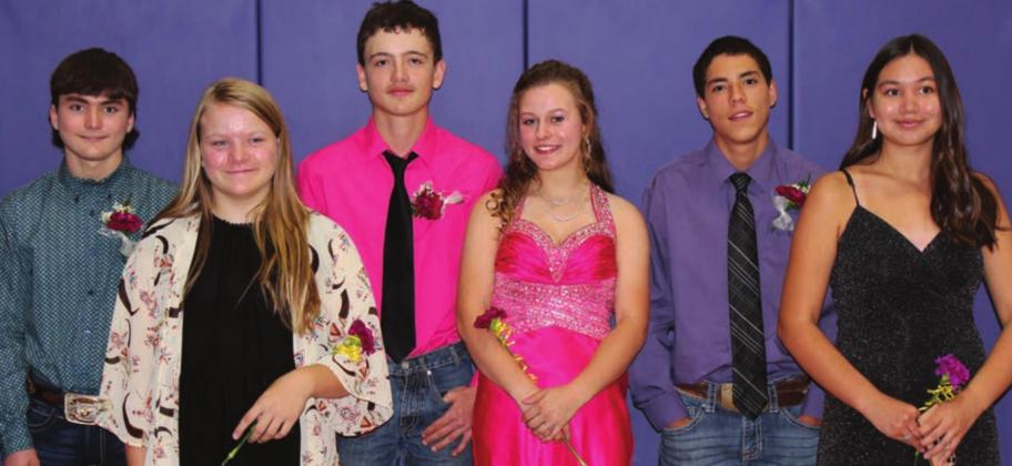 RIGHT: Representing the 9th-11th graders in the royal court were (L-R): 9th graders JW Pederson and Carsyn Farlee, 10th graders Trigg LaPlante and Desirae Coates, and 11th graders Eli Padilla and Haley Rapada.