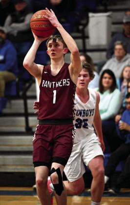 Timber Lake senior guard Kody Keller puts up a baseline jumper during the Region 8B SoDak 16 qualifier last week against Lemmon. The Panthers avenged two losses to the Cowboys this season with a 54-53 win, moving them to the state tournament qualifier. Photo by Marie Du Preez