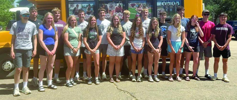 TLHS TRACK TEAM AT STATE. Front (l-r): Bricelyn Pederson, Talley Locken, Maddy Hermes, Josie Boldt, Kate Biegler, Arianna Bieber, Korbi Heck, Hailey Roggow, Sara Keller; Back: Broc Bauer, Mason Bickel, Hudson Gill, Landen Bieber, Owen Schweitzer, Braxton Farlee, Braden Lawrence, Jackson Bigger, Holden Gill, Blaise Lei.
