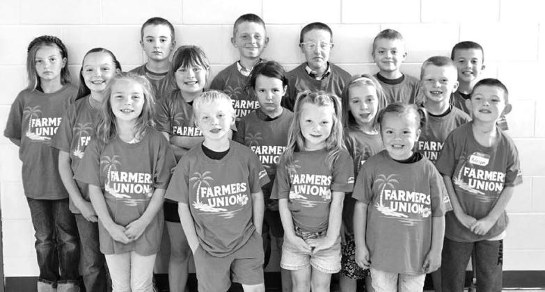 Kids who attended Farmers Union Day Camp were: Front (l-r): Charlie Long, Rhett Aberle, Jessa Aberle, Hazel Spiel; Middle: Zoey Spiel, Clara Nilson, Lochlyn Goldade, Remington Aberle, Trevor Aberle, Koleson Long; Back: Joslyn Goldade, Camden Goldade, Vern Long, Greyson Goldade, Ryder Spiel, and Bryson Long.