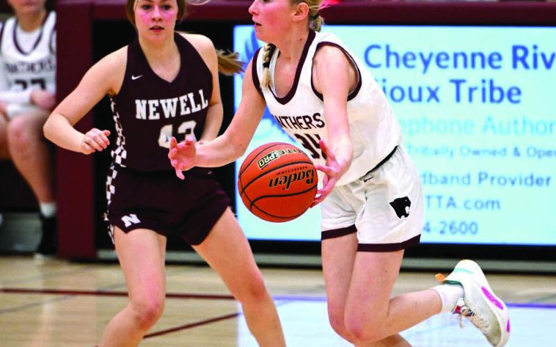 Freshman guard Talley Locken saw action during Timber Lake’s 64-52 win over the Newell Irrigators last Friday, Feb. 9, in Timber Lake. The win moved the Lady Panthers to 6-12 overall as they close out the regular season hosting Cheyenne-Eagle Butte on Friday, Feb. 16. Photos by Marie Du Preez