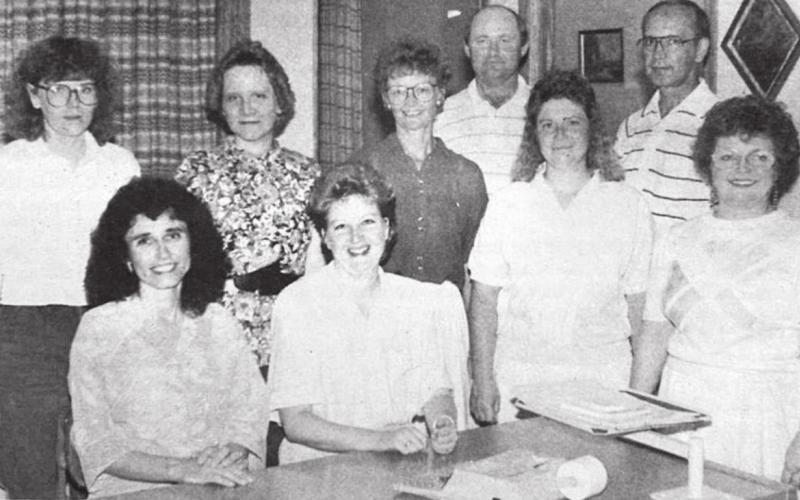 Personnel at Western Dakota Bank were pictured in an ad in the Isabel Dakotan on August 1, 1991. FRONT (L-R): Mattie Lou Doan, Monica Mayer, Marcia Maher, Pat Kjellsen; BACK: Diane Hahne, Karma Nash, Betty Strehlow, Butch Webb, Dan McKinnon.