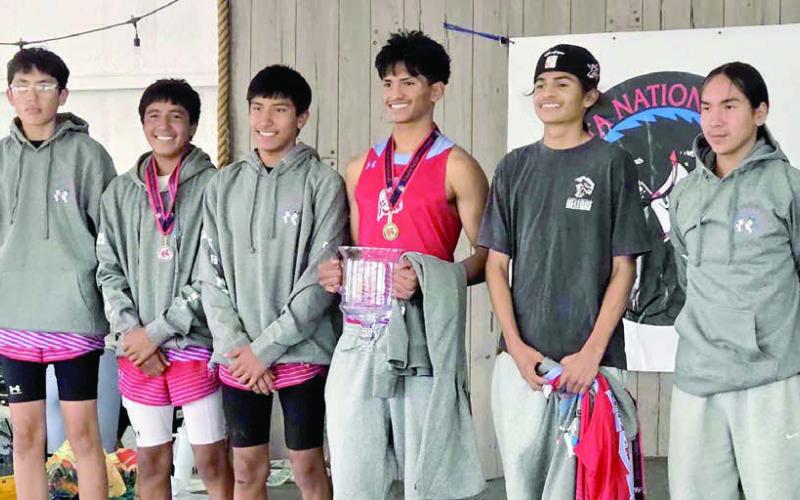 Members of Cheyenne-Eagle Butte Braves winning the Region 4A championship and qualifying for the State Class A Cross Country Meet were (l-r) Liam Norris, Demetrius Sanchez-Gonzalez, Xavier Sanchez-Gonzalez, Jayden Taken Alive, Jackson Taken Alive and Gage Bald Eagle. Also qualifying for state was Aubree Miner.