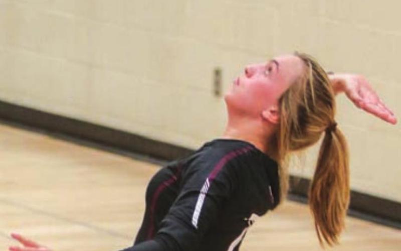 RIGHT: McKenzi Vomacka prepares to send a serve over the net for the Panthers. Photos by Jon Flatland
