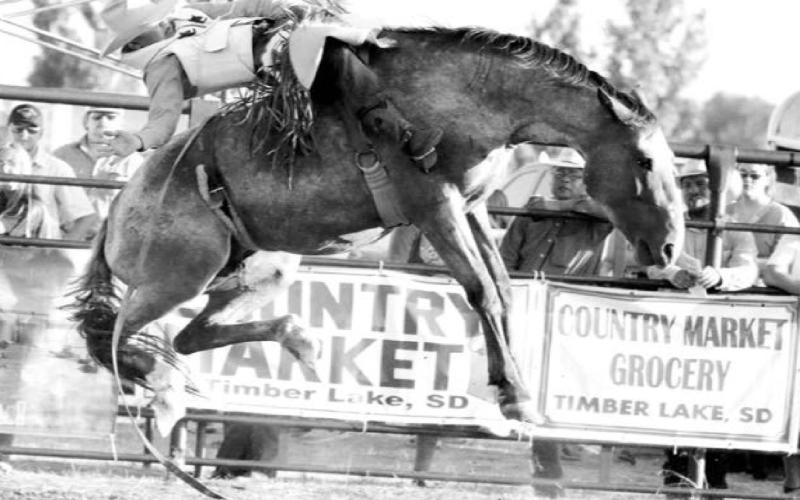 Clay Gerhardt of Mandan, ND was among the competitors in the ranch bronc riding event during the Saturday night performance of the Timber Lake Days of 1910 rodeo. Photo by Jon Flatland