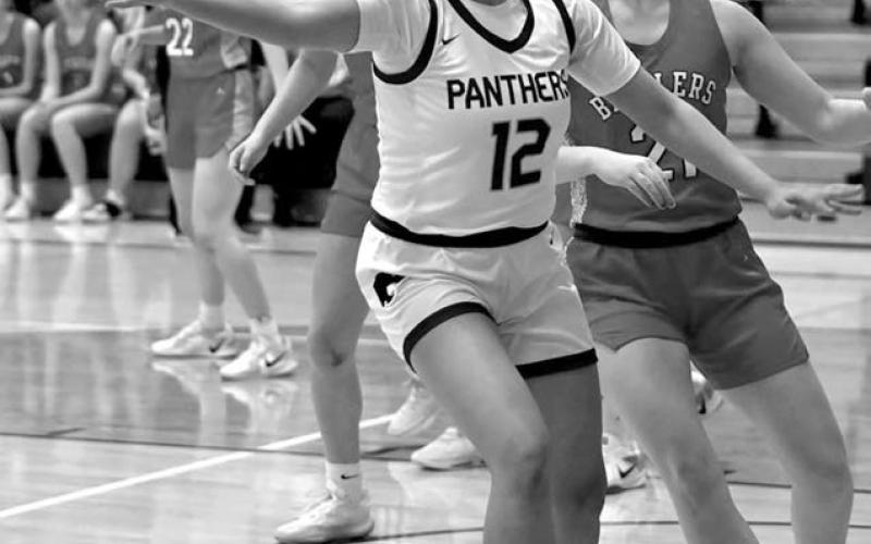 Senior forward Kessa Bigger (12) chases down a rebound during Timber Lake girls basketball action against the Potter County Battlers last Friday, Jan. 10. Timber Lake won 54-47.