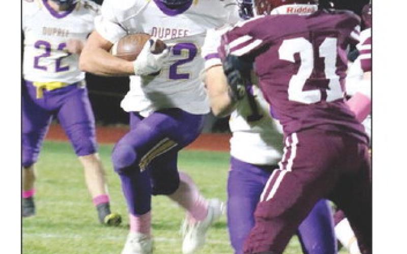 Dupree running back Braydon Terveen-Smith (32) was a bell cow for the Tigers last Friday, rushing 22 times for 233 yards and three TDs in a 56-20 win over the Timber Lake Panthers. Dupree’s running attack accounted for all 444 yards of the Tigers’ total offense. Photo by Jon Flatland