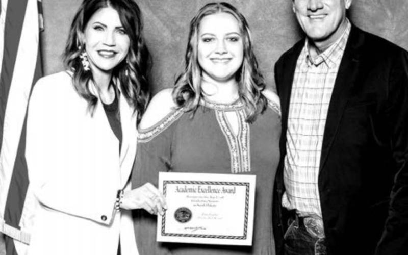 Erin Lemke, Dupree High School’s top senior, with Gov. Kristi Noem and Lt. Gov. Larry Rhoden
