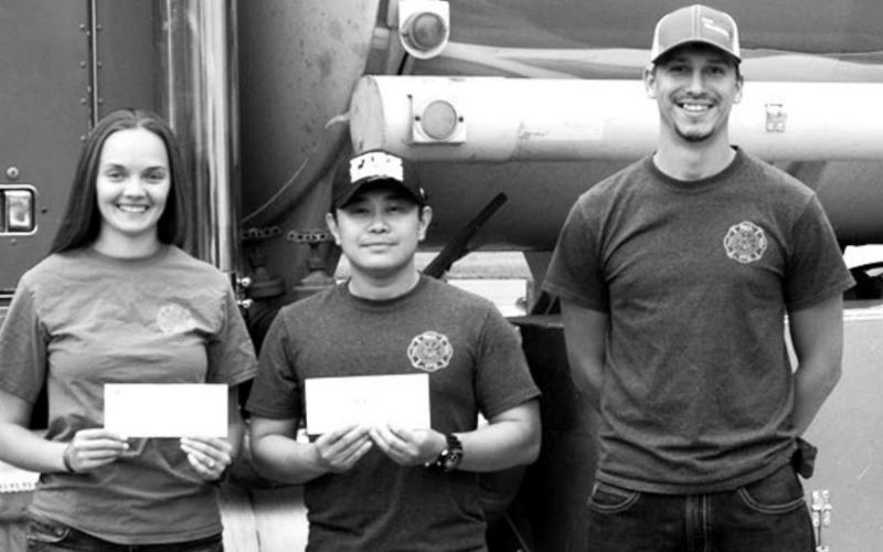Firefighters pictured receiving the $1000 donation checks are: TOP (L-R): Dan Assman of Isabel VFD; Mackenzie Buechler, Michael Lamis and Justin Yellow Horse of McLaughlin VFD.