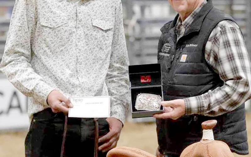 Chazz Gabe of Timber Lake , left, captured the NRCA Finals Rodeo bull riding championship over the weekend in Gillette, WY, to go along with the year-end title. Several competitors from Dewey County and the surrounding area garnered finals or year-end championships. Courtesy photo