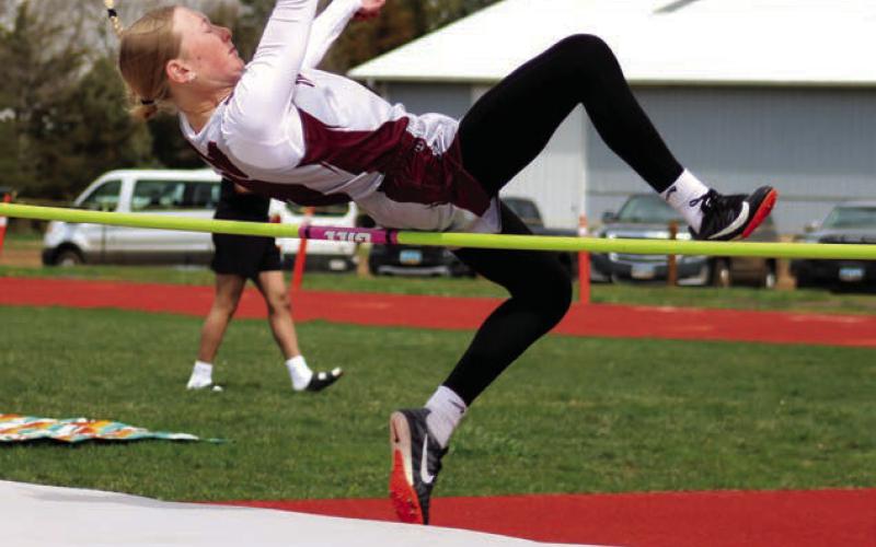 Timber Lake’s Talley Locken clears the high jump during the Timber Lake Invitational Track Meet held last Thursday, May 2, at Doug Kraft Field. Locken cleared the bar at 4 feet-six inches, earning her a tie for second place in the event. Photo by Jon Flatland