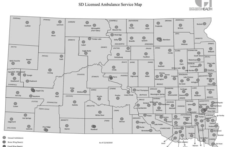 This map from the South Dakota Department of Health shows the location of ambulance services across the state and reveals how some rural areas — especially in West River regions — have limited access to emergency transportation services.