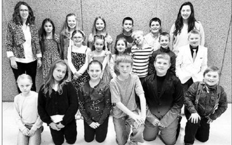 FRONT: Kendyl Gill, Naomi Goldade, Tegan Baker, Max Goldade, Brayden Meier, Caleb Simon; MIDDLE: Stella Nilson, Kiernan Smith, Nienka Fourie, Eli Zeug, Crawford Maher, Isaac Schweitzer; BACK: Instructor Colette Schaffer, Ada O’Leary, Elyse Parker, Sophia Gross, Emmett O’Leary, Luke Biegler, Instructor Callie Schaffer Olsen