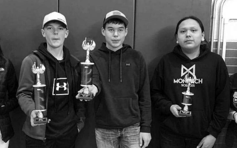 Dupree High School students who won awards at the NWAS Academic Olympics are (L-R): Kashlin Bettelyoun-5th in English II, Braydon Terveen-1st in Algebra I, Haydon Starr-2nd in World History, Wambli Quintana-5th in Physical Science, and Emily Olsen-5th in Biology.