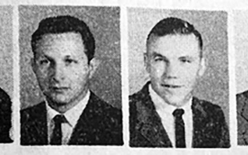 These four local men received degrees from Northern State College. L-R are Dave Scott, William Lloyd Dale, Jr. and Joe McMacken, who earned degrees in four-year secondary education, and Theophile L. Traversie, bachelor of science. ( Timber Lake Topic, June 6, 1963.)
