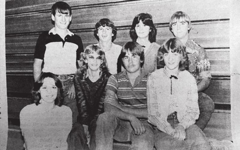 Chosen as candidates for Homecoming King and Marilyn Maher; BACK: Jim Mulloy, Brian Nash, Queen are these Timber Lake seniors. FRONT (L-Gayla Schweitzer, and Tom Hager. (Timber Lake R): Karen Hahne, Cara Schirber, David Lawrence, Topic, October, 1981)