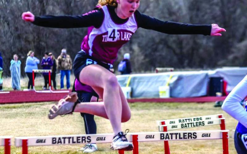 Timber Lake’s Evelyn Gill competes in the hurdles during recent MS/JV track action at Potter County High School in Gettysburg. Courtesy Photo