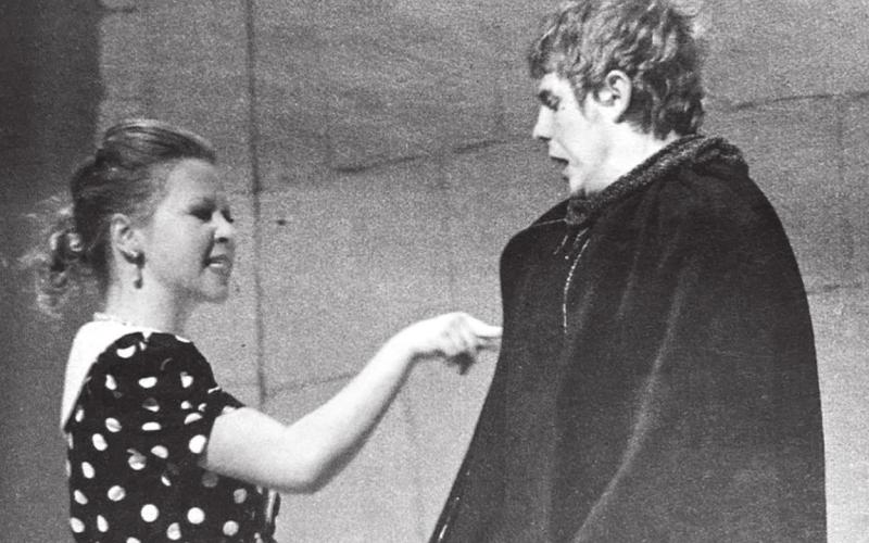 “Mmmbeth” The Timber Lake High School Drama Department does a comedic twist on Shakespeare’s Macbeth for the public on Monday evening. The cast performed at the One Act Play contest in Mobridge on Wednesday. Evy Johnson as Lady Mmmbeth has her eye on the throne of Scotland and implores Mmmbeth–Sean Meginness–to do what must be done Isabel Dakotan, January 21, 1982