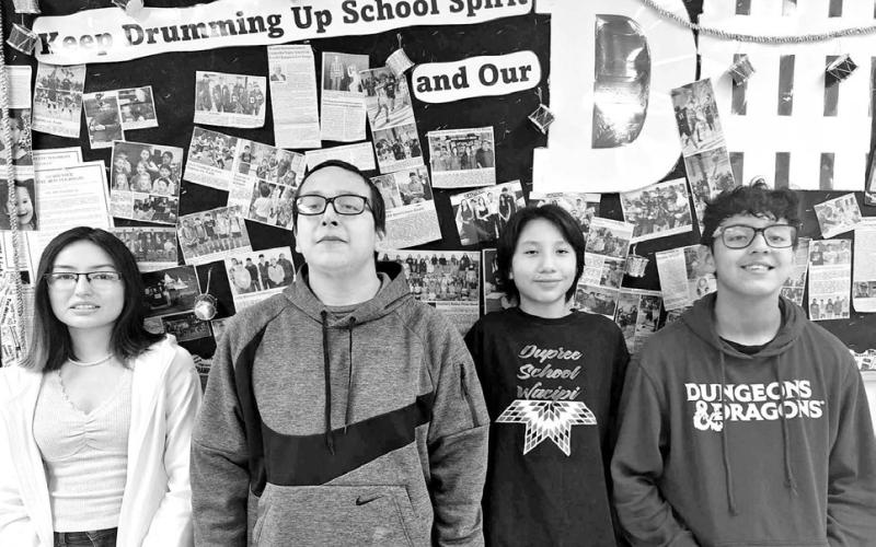Dupree students chosen from the 7th-12th grade for recognition as the January DHS JH/HS Students of the Month are (l-r): Jamie Blackmoon-10th grade, Leland Brown Wolf Jr.-12th grade, Brandon Oakie-7th grade, and Curtis Thompson-7th grade. Students are nominated by the JH/HS staff and then chosen based on behavior, role model status, attendance, effort, and much more. Mr. Russell Budmayr presented the students with $20 gift cards to Lakota Thrifty Mart and called their parents/guardians with the great news.