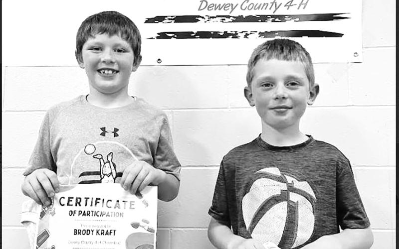 Dewey County Clover Buds. Members Pictured: (L-R) Brody Kraft and Vern Long. Not pictured: Lincoln Aberle, Camden Goldade, Joslyn Goldade, Clara Nilson, Tessa O’Leary, Brie Parker, Colton Ridl, Nathaniel White Eagle, Valence White Eagle, and Vearl White Eagle.