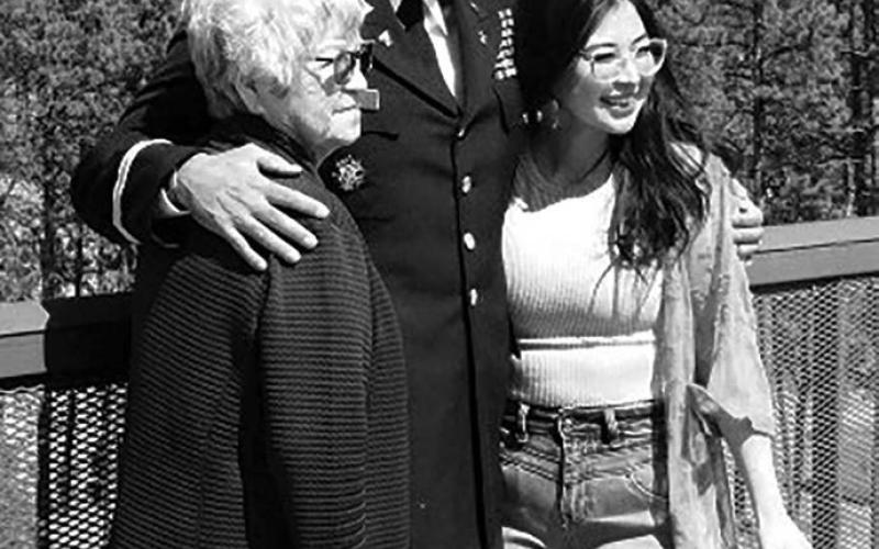 Halsey Hall, a member of the Cheyenne River Sioux Tribe, with his mother, Lorita Hall of Timber Lake, and his daughter Halle of Rapid City, at his promotion ceremony at Crazy Horse Monument at Custer. US Army National Guard photo by Col. Scott Linquist