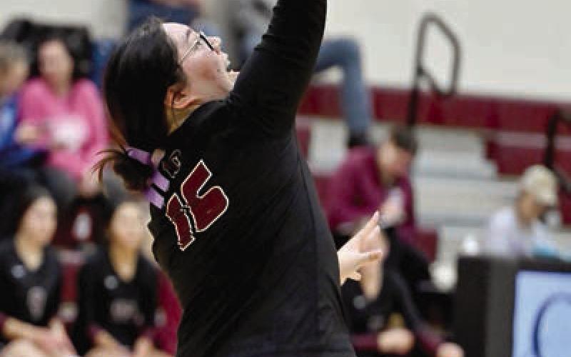 Timber Lake’s Ikeeah Buckley serves an ace during recent Panther volleyball action. Timber Lake edged Dupree 3-2 in the Region 8B play-in game on Monday. Photo by Marie Du Preez