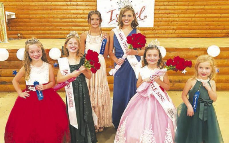 Miss Isabel’s 2026 royal court. (Left - right) Elliot Schweitzer (Jr. Miss runner-up), Rowan Maher (Jr. Miss Isabel), Ada O’Leary (Teen Miss runner-up), Tegan Baker (Teen Miss Isabel), Sawyer Schweitzer (Little Miss Isabel), and Maren Maher (Little Miss runner-up). Photo by Ann Arnold