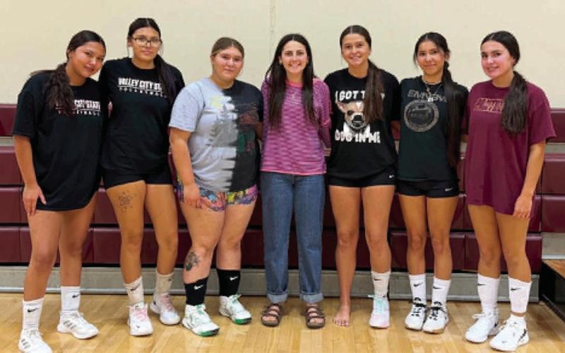 Seniors leading the Timber Lake volleyball team this season include Jaymee Archambault, Azlyn Swan, Lilly Veit, Ruby Maher, Jaylee Schoelerman, Amanda Red Bear, and Julianne Lemmon. Photo by Mary Farlee