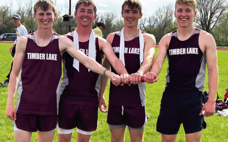 The Timber Lake Panthers foursome of Holden Gill, Cole Ducheneaux, Gavin Farlee and Gracen Hansen set a new school record in the 1600 meter relay at the Super Region Meet in Gettysburg last Thursday, May 16. Their time of 3:32.94 bettered the previous record of 3:34 set in 2006 by Josh Crance, Bryan Aberle, Cody Aberle and Tyler Kraft.