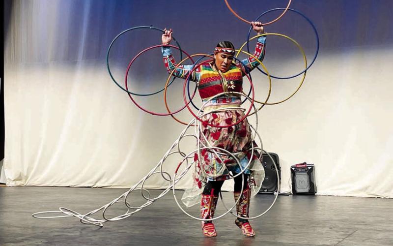 Starr Chief Eagle performing (ABOVE) and with Timber Lake students (LEFT) brought the traditional hoop dance to Timber Lake School last week with workshops and performances.