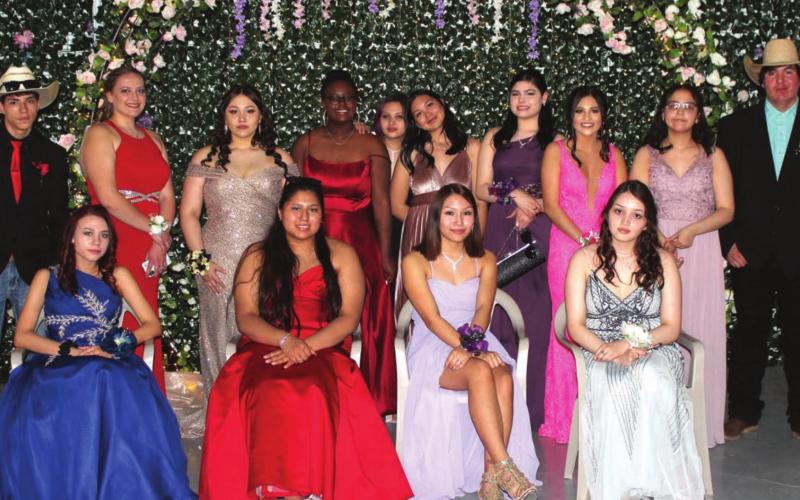 AT RIGHT: DHS juniors who attended prom are pictured. FRONT (L-R): Reese Lawrence, Kae Lynn Clown, Tristan Little Wounded, Angel Anderson; BACK: Eli Padilla, Erin Lemke, ShaKinley Lafferty, Hannah Huber, Alliyah Pesicka, Haley Rapada, Caselyn LaPlante, MacKenzie Longbrake, Katana LeBeau, and Weston Schad.
