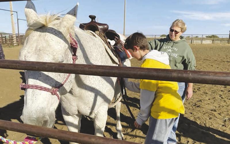 At the rodeo grounds Teri Gayer (BACK) and a very cooperative Stormy help Landen Bieber practice saddling a horse. Photos by Kathy Nelson
