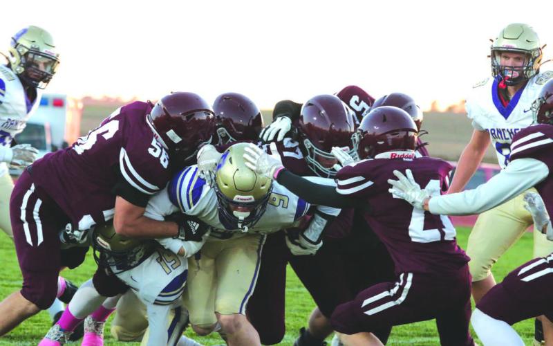 Harding County/Bison running back Rylee Veal, center, proved to be a handful for the Timber Lake Panther defense last Friday. Veal rushed 36 times for 268 yards and scored five touchdowns to lead the No. 5 ranked Ranchers past the Panthers 48-28 to close out the regular season. Combining to bring down Veal on this play were, l-r, Dan Peterson, Mason Arpan, Jack Hornick, Mason Bickel and Eddie Keller. Photo by Jon Flatland