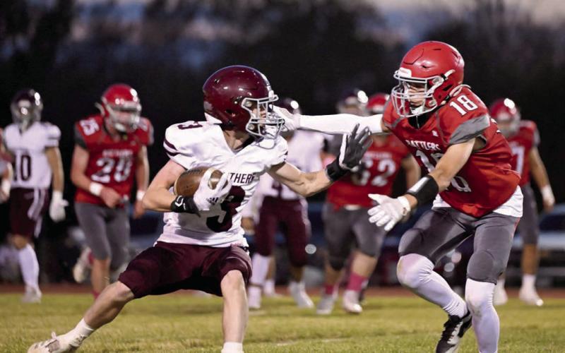 Timber Lake receiver Holden Gill puts a move on a would-be Potter County tackler during the Panthers 44-8 win over the Battlers last Friday. Timber Lake, 4-4, will host Dupree, 4-3, this Friday at Kraft Field in Timber Lake. Photo by Marie Du Preez