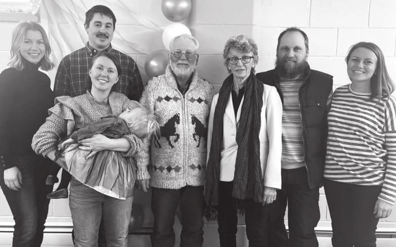 The Johnson family at Allen and Leota’s 50th anniversary celebration. L to R: Evy Johnson, Ferris and Danette Bauman with daughter Ruth, Allen and Leota, Bob Johnson, and Cara Sommerlot.