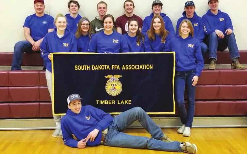 Timber Lake High School FFA members (2020-2021. FRONT: AJ Lindskov, Tell Murray, Jesse Winterberg, Brandt Ducheneaux, Konor Trenton Hansen; FIRST ROW (L-R): Stormi Hulm, Cassie Harris, Tessa Lindskov, Ethan Goldade, Tristen Goldade. NOT PICTURED: Sawyer Goldade, Abby Linderman, Cindy Hoyt, Natalie Biegler; BACK ROW: Holzer, Dan Peterson, and Tobi Hintz Photo by Jacque Peterson
