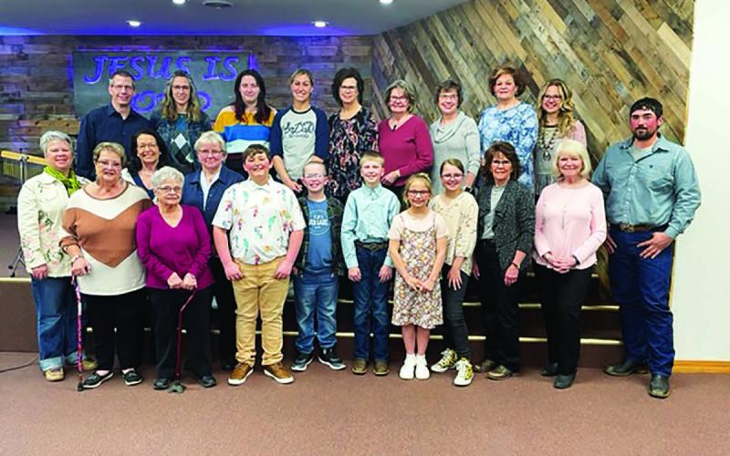 Performers from the three community churches included FRONT (L-R): Nyla Opp, Pat Kjellsen, Baylor Bickel, Garrett Nilson, Gracen Gill, Sophia Gross, Maya Biegler, Cheryl Lawrence, Barb Gross, Tanner Leibel; MIDDLE: Melissa Maher, Linda Reinbold, Ann Crance; BACK: Bryce Schaffer, Colette Schaffer, Callie Olson, Rachael Goldade, Deb Voller, Sheila Schweitzer, Marlene Biegler, Cindy Biegler, Mandy Hulm.