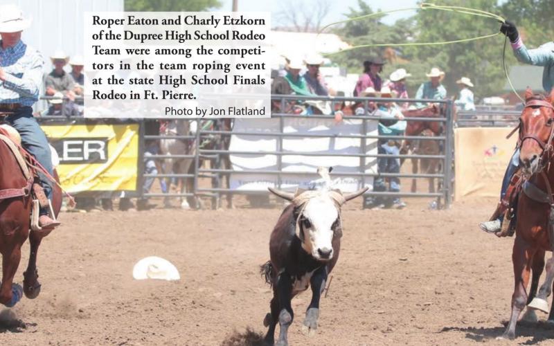 Roper Eaton and Charly Etzkorn of the Dupree High School Rodeo Team were among the competitors in the team roping event at the state High School Finals Rodeo in Ft. Pierre. Photo by Jon Flatland
