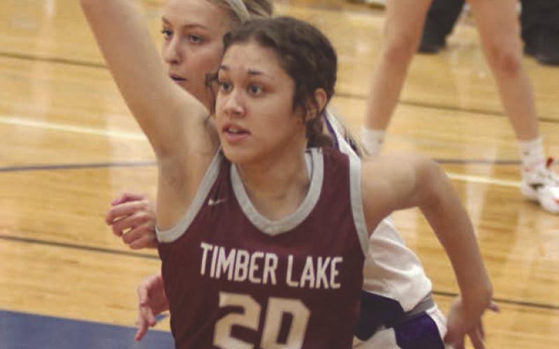 Sophomore center Jasmine Nash looks for the ball while battling for position under the basket with a Castlewood defender during their SoDak 16 matchup last Thursday in Redfield. The rebound leader for the Lady Panthers this season, Nash finished the contest with 12 points and four boards Photos by Jon Flatland