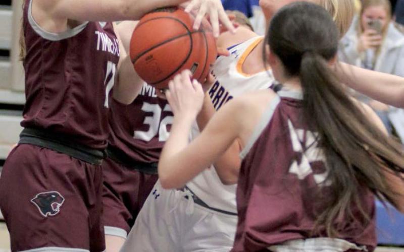 Timber Lake sophomore Kiya Mowrer (left) blocks a shot attempt by Castlewood’s Kylie Wittnebel while Lady Panthers Jordan Jones (32) and Ruby Maher move in for a possible steal during Timber Lake’s SoDak 16 matchup with the Warriors last Thursday, March 2.