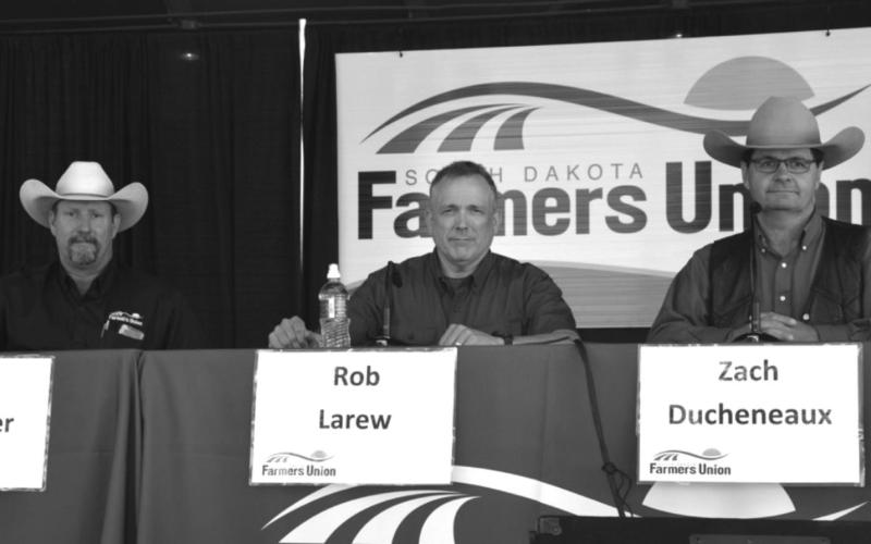 Zach Ducheneaux, U.S. Department of Agriculture Farm Service Agency Administrator (RIGHT), discussed food security with farmers, ranchers and other fairgoers during Farmers Union Day at the South Dakota State Fair on Sept. 4. Other panelists were Rob Larew, National Farmers Union president, and Oren Lesmeister, a Parade rancher, small business owner and District 28-A State Representative.