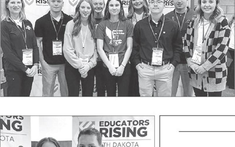 Attendees at the Educators Rising Conference were (L-R) Teacher Luann Lindskov, Jayden Miller, Sara Keller, Jordan Jones, Natalie Lawrence, Kenna Webb, Gabe Keller, Dan Peterson, and teacher Kristin Long.