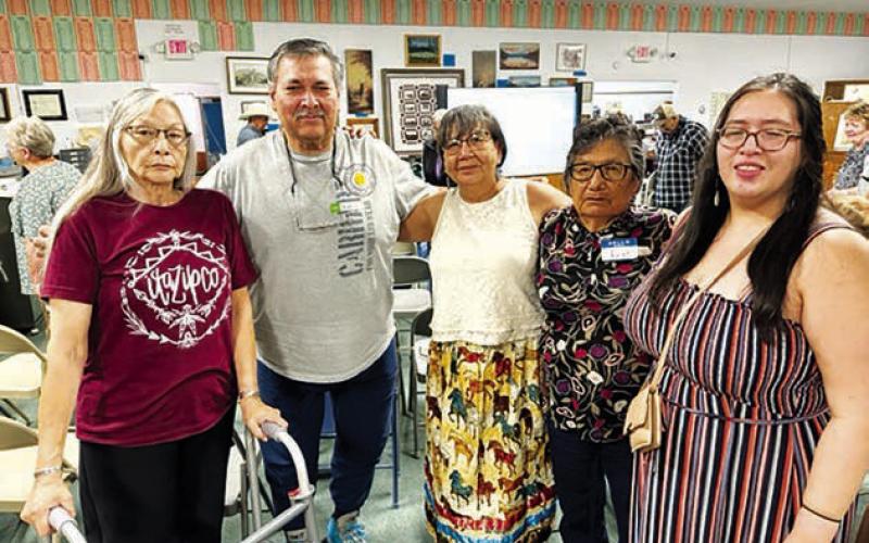 Among the attendees at the grand opening of the White Horse Winter Count exhibit at the Timber Lake Museum on June 25 were (L-R) Jackie Dunn of Eagle Butte, Andrew Dupris of White Horse, Sandra James of Flandreau, Faye Rousseau of White Horse, and Kaylen James of Flandreau.