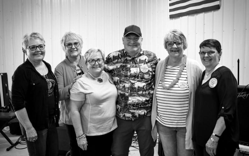 Class of 1973 L-R: Debbie Trent Sprague, Cathy Birkeland Buckmaster, Janie Miller Davis, Leo Bakeberg, Larina Wall Brobst, Dondra Richardson Menzel.