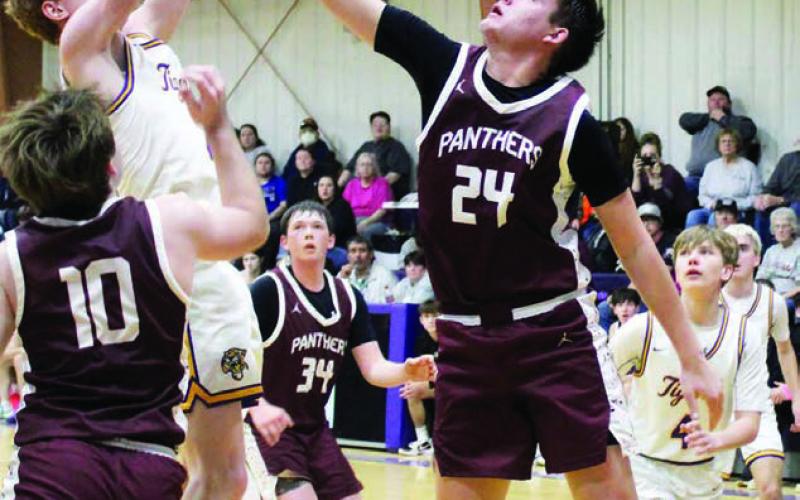 Kanton Hunt (24) harasses Dupree’s Cruz Birkeland as he’s shooting while Treyden Beer (10), Rance Martin (34) look on during recent action. Dupree accounts for two of Timber Lake’s five losses thus far this season. Topic Photo/Marie DuPreez