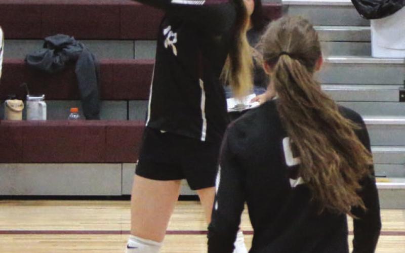Timber Lake sophomore Gailup Bollinger bumps a shot as teammate Sara Holzer looks on during recent Lady Panther volleyball action. Photo by Jon Flatland