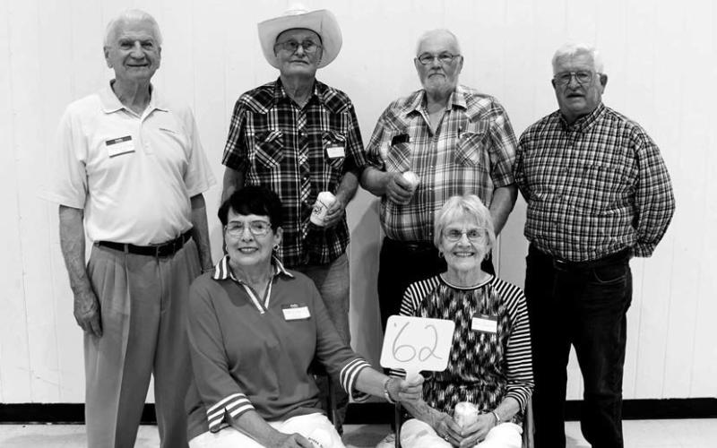 Gathering for their 60th reunion were members of the class of 1962. FRONT (L-R): Kathy (Ingles) Rost and Carol Carpenter; BACK: Dennis Petersen, Clyde Doan, Darrel Burke, and Dan Heck.